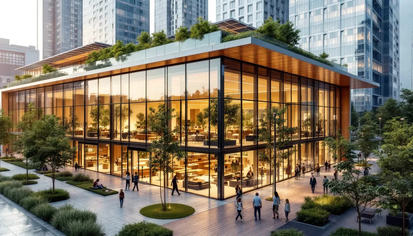 Elementos sostenibles en la arquitectura comercial, resaltando la importancia de la sostenibilidad.