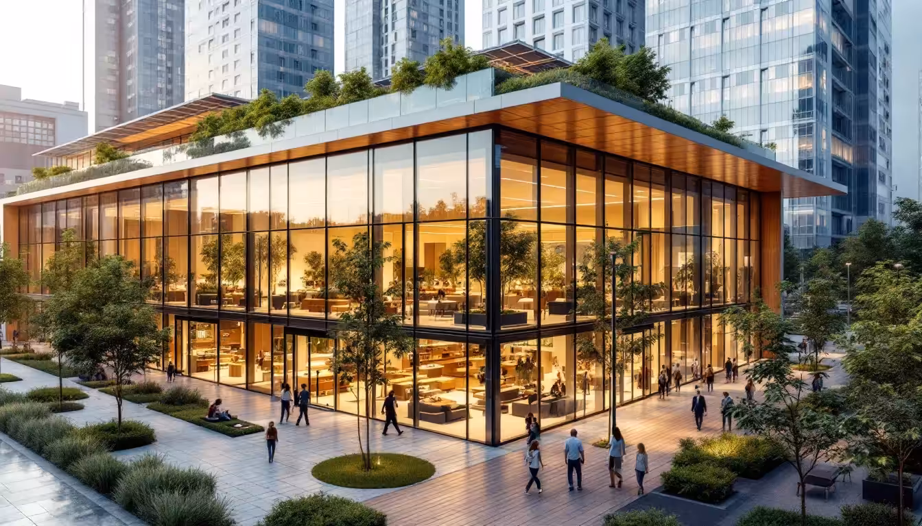 Elementos sostenibles en la arquitectura comercial, resaltando la importancia de la sostenibilidad.